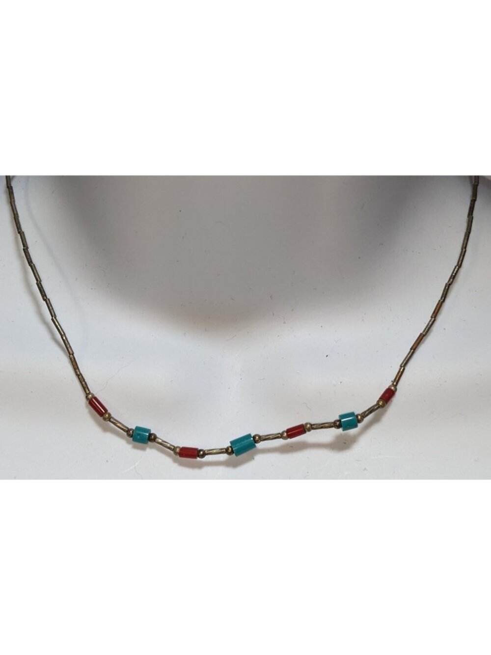 Vintage Minimalist Turquoise, Coral, And Silver Necklace